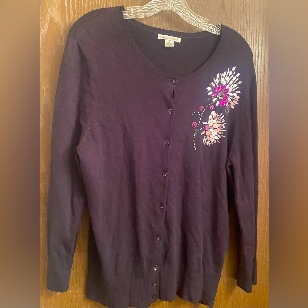 Casual Corner Brand Med Black Cadigan Sweater Rhinestone Flower Bling